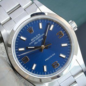ROLEX MENS AIR-KING STEEL WATCH 34MM BLUE DIAL SMOOTH OYSTER BAND 14000 F SERIAL